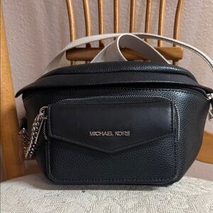 Michael Kors Black Leather Crossbody Belt Bag with Chain Accent